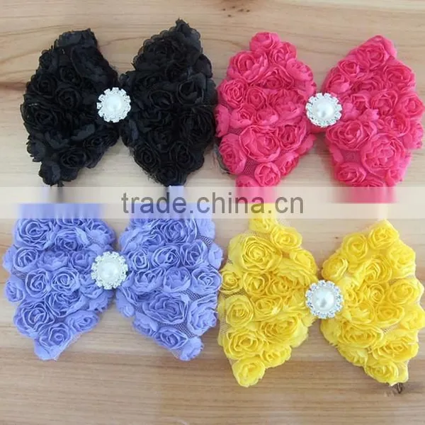 CF0730 New Designs Small Bead Ruffle Rose Rossete Bow for Hair Clip Decoration. photo-3