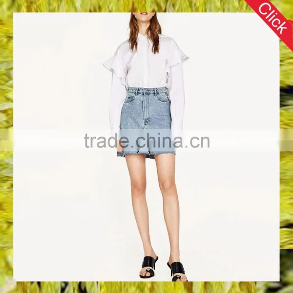 Wholesale High Quanlity Fashion Skirt Jeans High Waist Denim Skirt With Pearl Decoration From Guangzhou Garment Manufacture