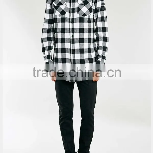 High Quality Mens Casual Shirt With Pocket Black White Plaid Shirt photo-3