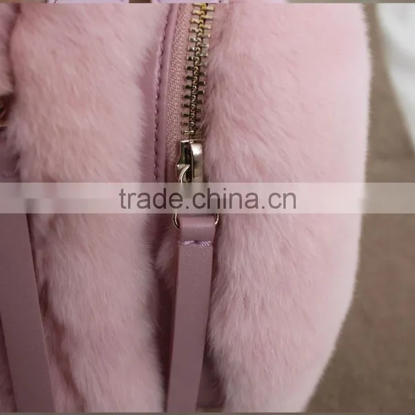 Myfur Baby Pink Girls Real Rabbit Fur Trim Leather Backpack Bag Wholesale photo-5