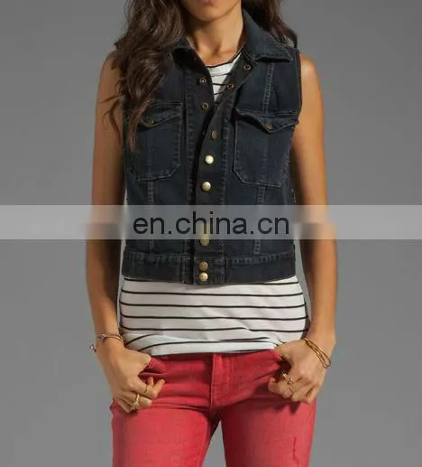 Fashion Women Denim Vest Washed Sleeveless Snap Black Denim Jacket photo-2