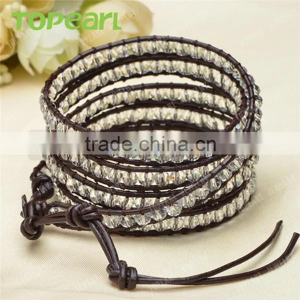 Topearl Jewelry Faceted White Crystal Charm Bracelet Woven Leather Wrap Bangle 33.5 Inches CLL137 photo-3