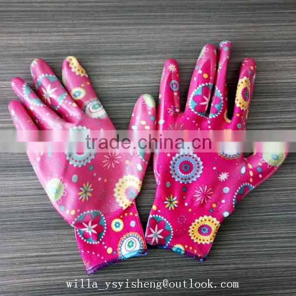 Cheap 13 Gauge Flower Printed Nitrile Coated Polyester Safety Gloves