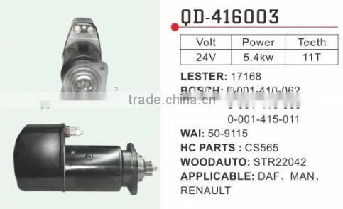 Renault Starter Motor Lester 17168 Bosch 0-001-410-062 Wai 50-9115 HC Parts CS565 Woodauto STR22042