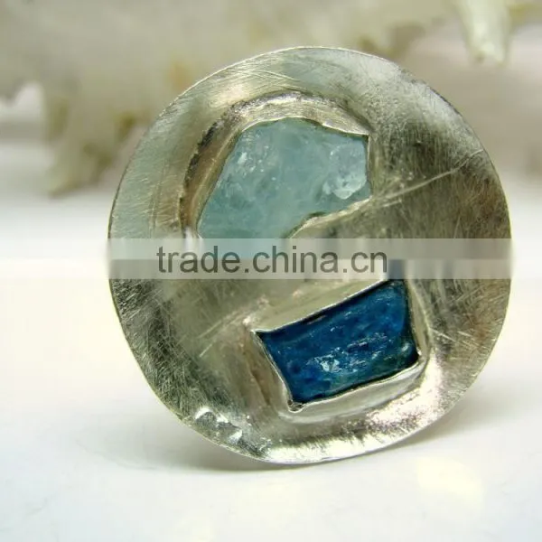 Aquamarine & Neon Apatite Rough Natural Gemstone Ring, 925 Solid Sterling Silver Ring, Designer Raw Bowl Shaped Ring photo-3