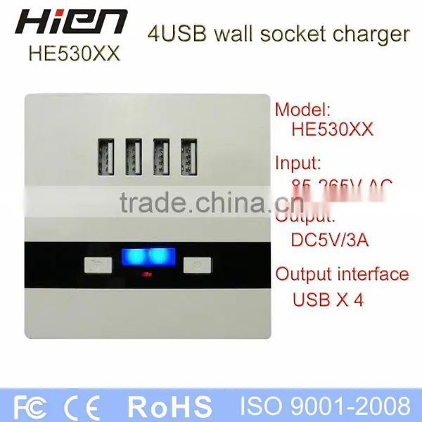 CE Approved 4 USB Wall Socket Square Socket Pipe Plug for Mobile Phone and Tablets