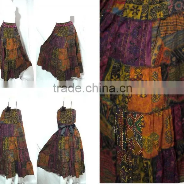 VTG RETRO INDIE HIPPIE BOHO POLKA DOT FLORAL PAISLEY Batik Cotton PATCHWORK STYLE Oriental Fisherman Maxi Cocktail LONG SKIRT