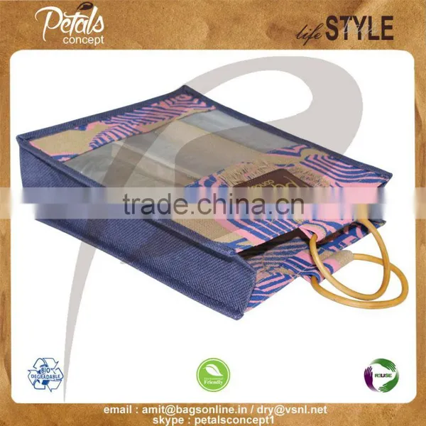 PP Laminated Jute Three Bottle Wine Bag With Wooden Cane Handle photo-3