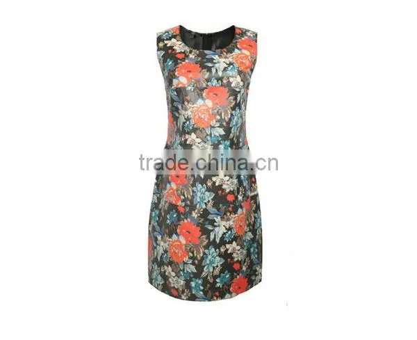 China Supplier Women Woven Garment Factory Ladies' Sleeveless Slim Fit Flora Printed Round-necked Designer One Piece Party Dress photo-2