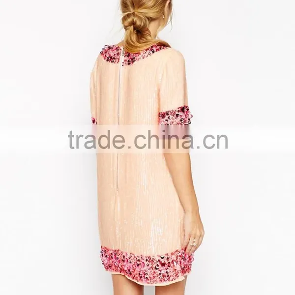 Yihao Apparel Woman New Casual Lady Short Sleeve Beaded Free Prom Dress Fashion 2017 photo-2