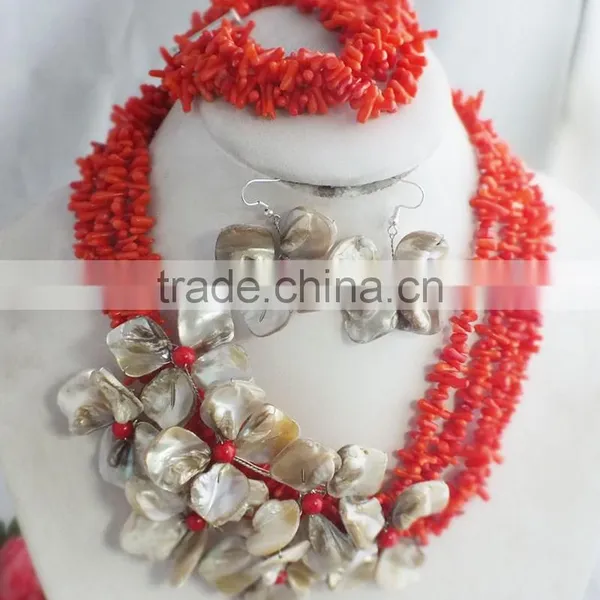 Free Shipping!!! Red Coral and Shell Flower Jewelry Set With Necklace Earrings and Bracelet photo-2