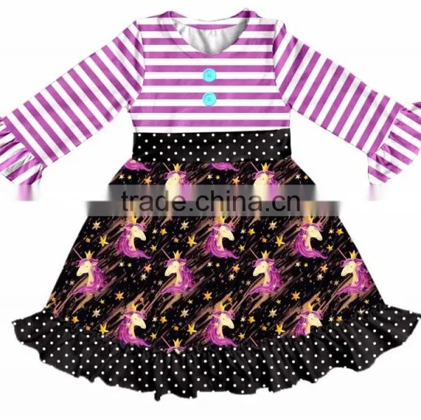 Ruffle Lace Fall Boutique Outifit Princess Print Unicorn Pattern Cattoon Print Swing Dress Girls Casual Dress photo-3
