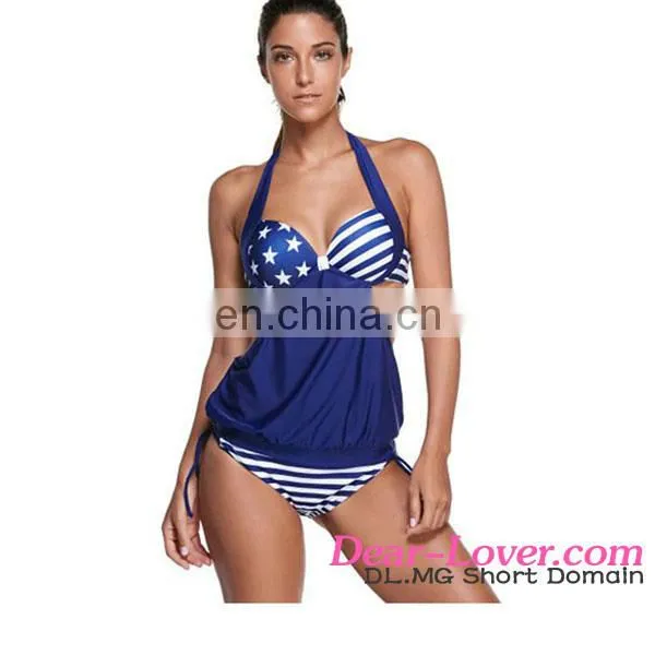 2pcs Navy Splice Tricolor Stripes Halter Tankini Swimsuit Mature Swimsuit photo-4