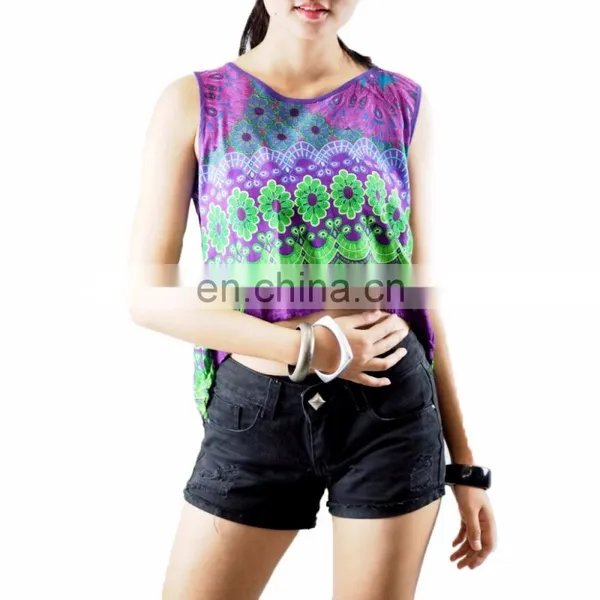 NAPAT Woman Crop Top Sleeveless Summer Flower Printed Rayon Shirt