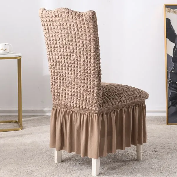 Stretch Seersucker Dining Chair Covers Chair Slipcovers With Ruffled Skirt Light Brown photo-2