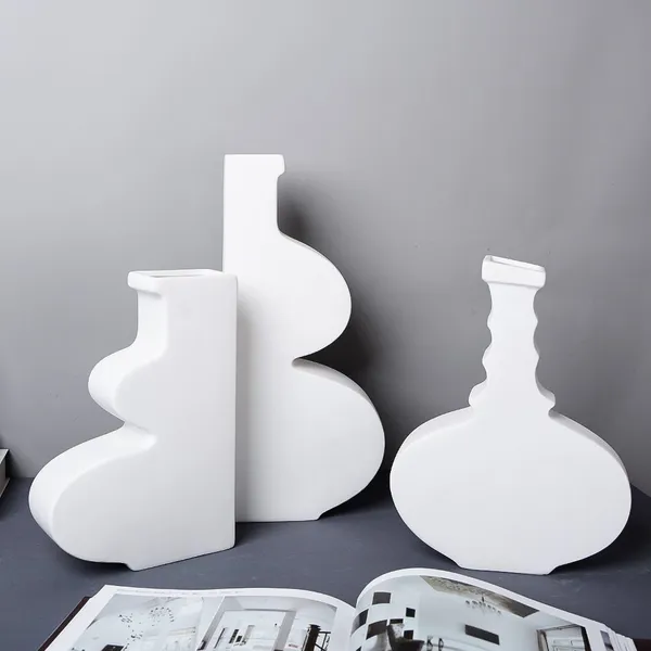 Minimalism White Gourd Frosted Firm Tall Large Ceramic Vase For Living Room Shopping Mall photo-4