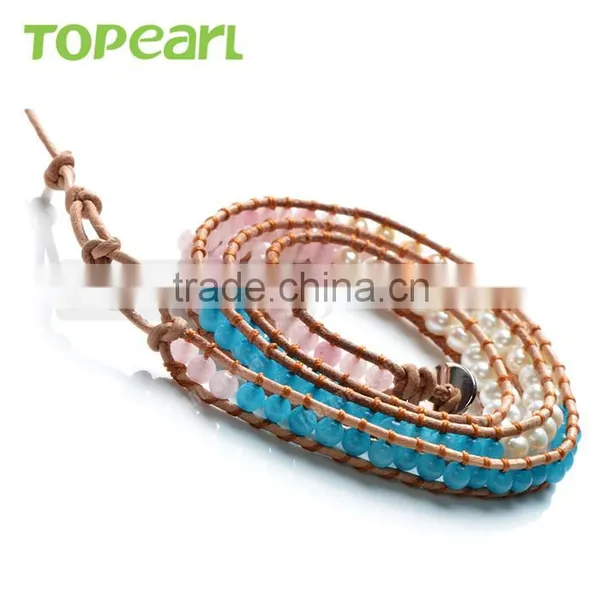 Topearl Jewelry Fashion Potato White Freshwater Pearl and Malaysian Jade Bracelet Woven Leather Wrap Bracelet Jewelry CLL168 photo-3