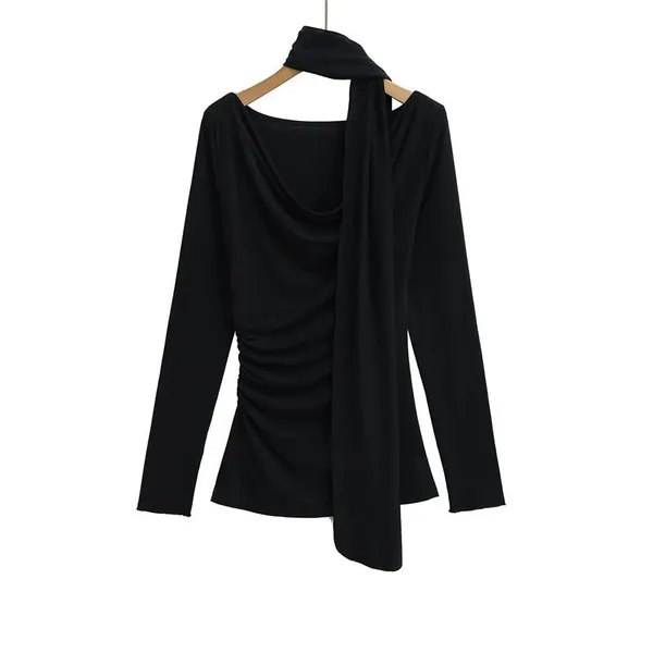 Pure Desire Style Loose Collar Hanging Neck Streamer Long-sleeved T-shirt Spring Design Pleated Slim Body Hot Girl Bottom Shirt Women photo-2