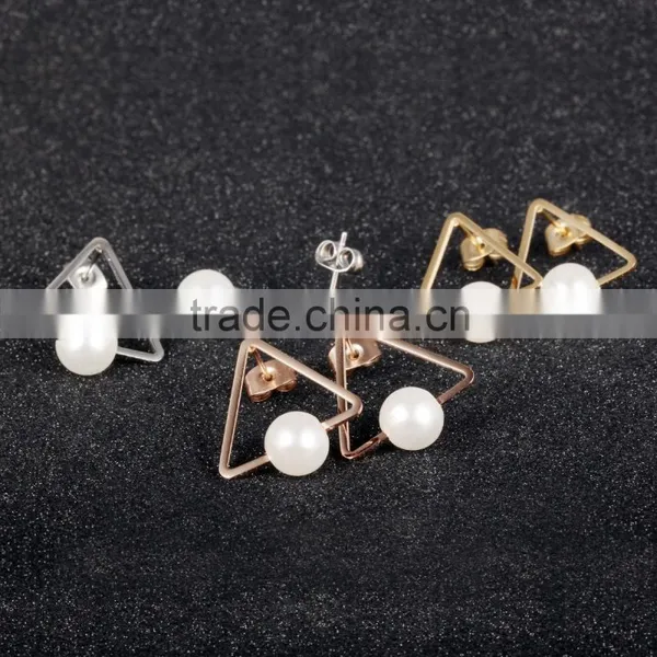 Wholesale Fashion Jewelry Triangle Shape 18K Rose Gold Plated Pearl New Earring Designs for Women photo-2