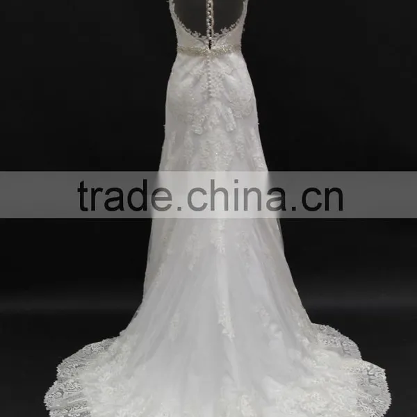 Small A-line With Beading Belt Lace Appliques Sexy See Through Back Wedding Dress photo-4