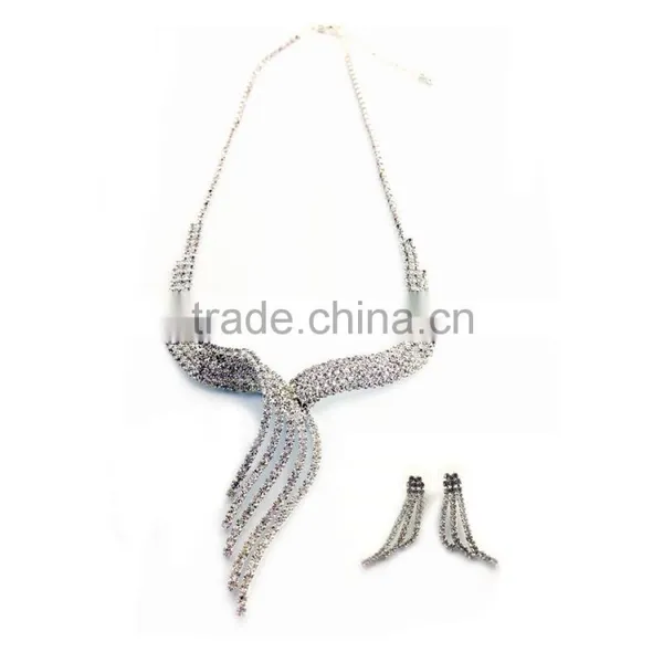 Silver Bridal Wedding Wing Shape Crystals Necklace and Earrings Jewelry Set