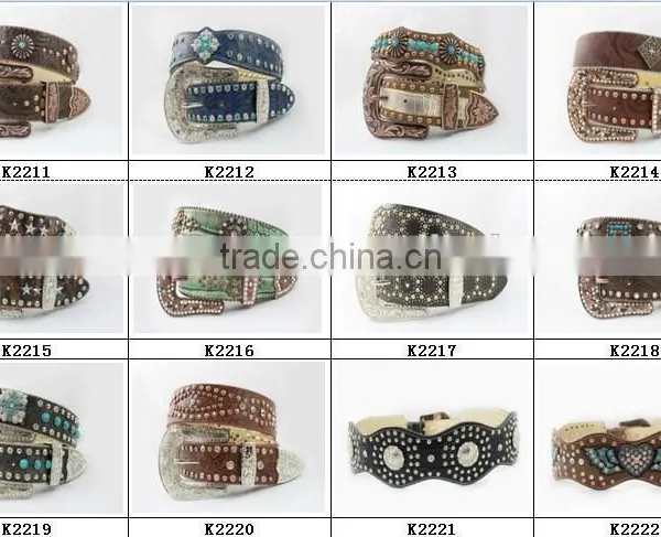 2015 New Design Western Rhinestone Leather Belt With Square Conshos With Crystals photo-3