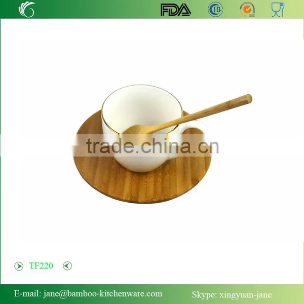 Natural Bamboo Round Dish and Spoon Set for Coffee photo-2