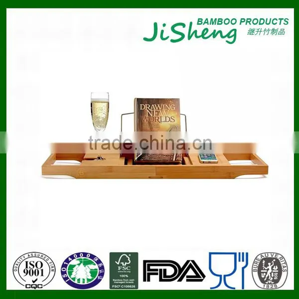 100% Bamboo Bathtub Caddy With Extendable Sides, Cellphone Tray & Integrated Wine Glass Holder photo-2