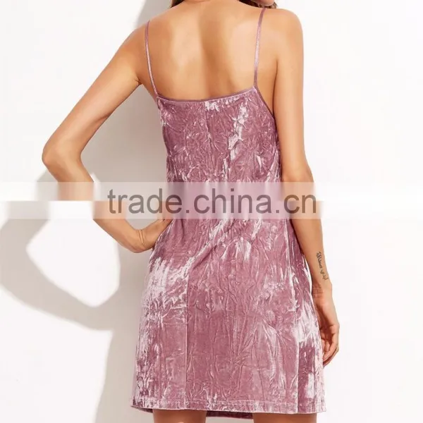 Guangzhou Wholesale Clothing OEM Pink Undertone Velvet Plain Slip Dress photo-5