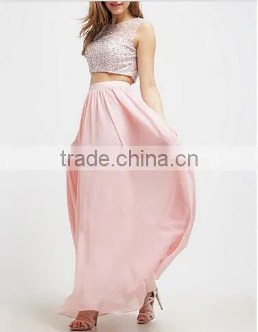 2017 Fashion Long Maxi Dresses Sleeveless Two Piece Set Long Skirts and Beaded Tops for Girls Party Wear Dress photo-2