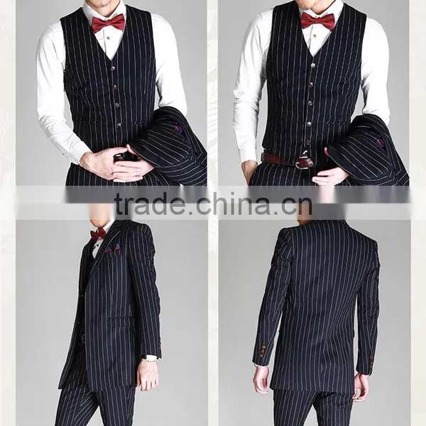 2017 Latest Design 3 Pieces Suits With Long Blazer Waistcoat and Pants Dark Blue Stripe Suite Made in China photo-3