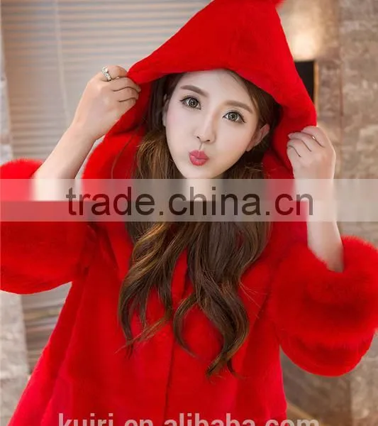 Women Rex Rabbit Fur Coat Hooded Casual Winter Coats and Jackets With Fox Fur Collar photo-4