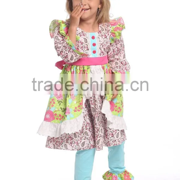Latest Girl Ruffle Outfits Fashion Printed Prom Girls Ruffle Raglan Pants Set photo-3