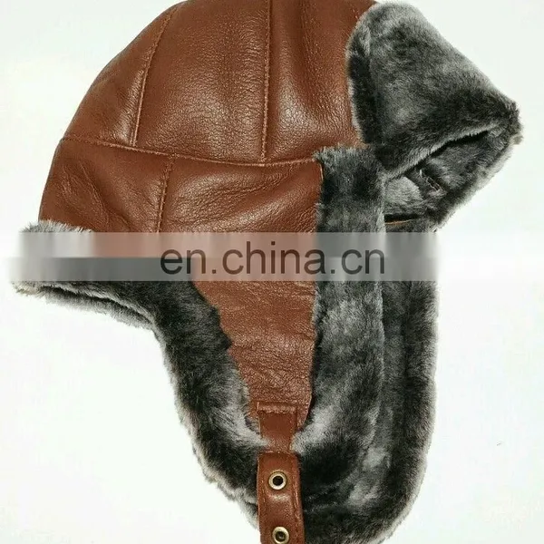 Trapper Trooper Leather Aviator Bomber Genuine Shearling Sheepskin Hat Cap
