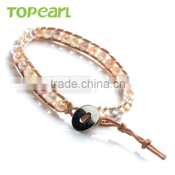 Topearl Jewelry Potato Shape White and Purple Freshwater Pearl Bracelet Woven Leather Wrap Bangles Bracelets for Women CLL157 photo-2
