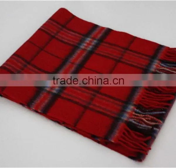 Red Yarn Dyed Checked Pure Wool Scarf With Fringe photo-2