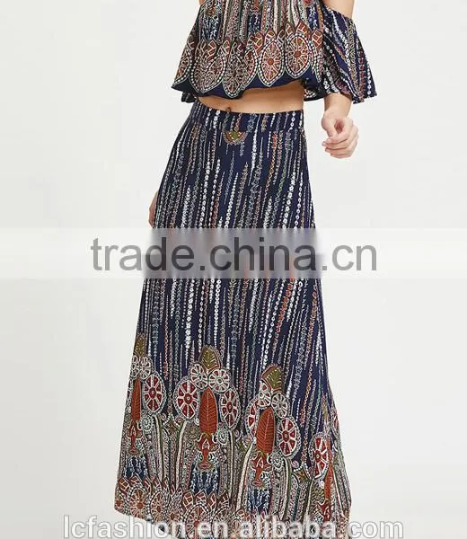 Multicolor Vintage Print off Shoulder Two Piece Set Boho Ruffle Top and Long Skirt photo-4