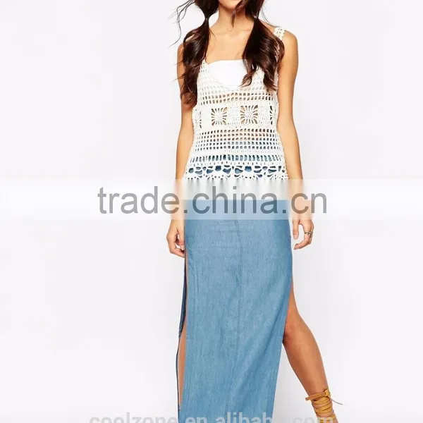 100% Cotton High Rise Split Sides Ladies Long Denim Skirts for Women 2015 photo-5