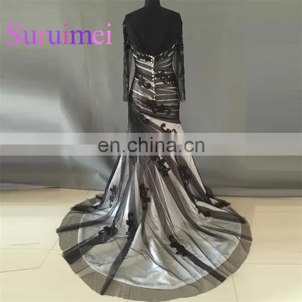 Free Shipping 2017 Black Prom Dresses Sweetheart With Long Sleeves Evening Gowns photo-2