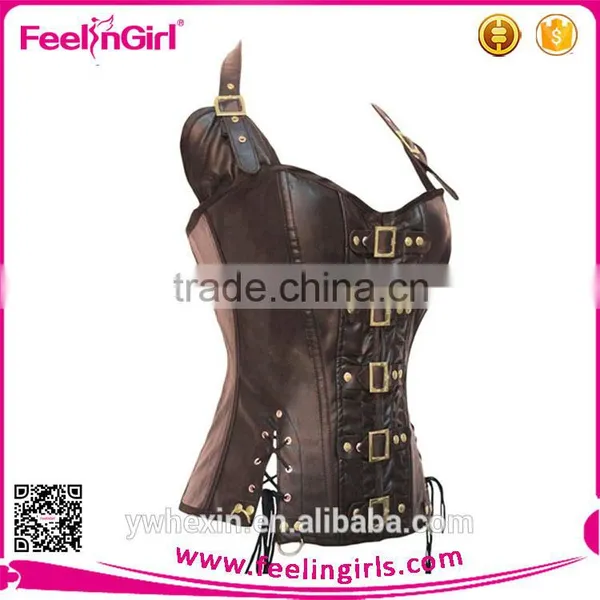 Women Cheap Straps Steampunk Brown Leather Corset photo-3
