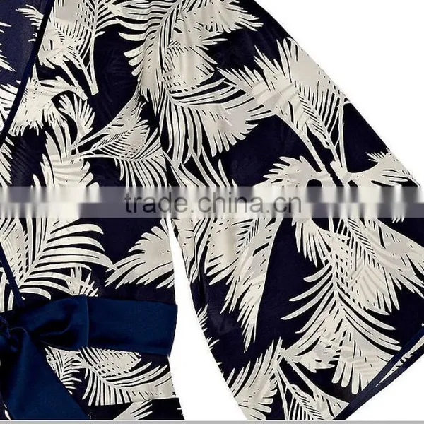 Cheap Custom Sexy Woman Short 100% Pure Printed Silk Charmeuse Night Sleeping Kimono Robe With Side Pockets photo-3