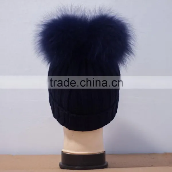 Knitted Woolen Hat With Two Big Raccoon Fur Pompoms New Design photo-4