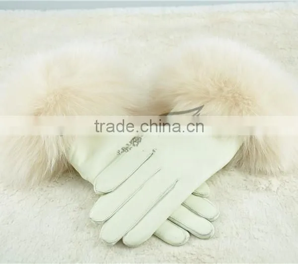 Top Luxury Fashion Desgin Beautiful Fox Fur Wrist Ladies Sheepskin Leather Gloves photo-6
