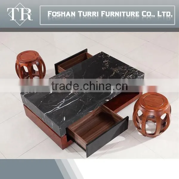 Antique Black Marble Top Wooden Base Coffee Table for Living Room Furniture Set photo-2