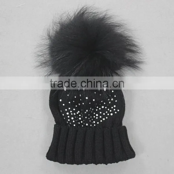 Myfur Latest Design Beige Color Turn Up Beanie With Stone Decoration Real Raccoon Fur Pom Pom photo-3