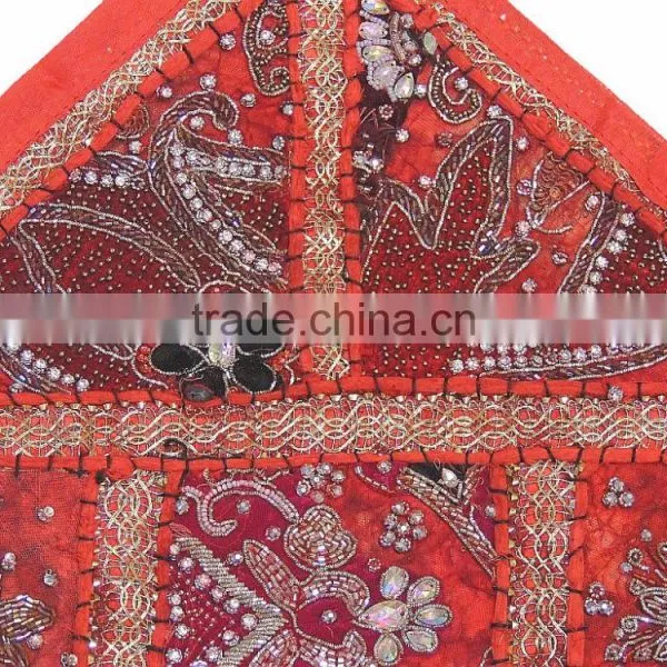 Elegant Red Decorative Living Room Square India Inspired Floor Pillow Cover photo-5