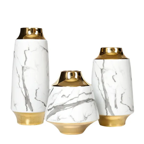 White Marbling Ripple Electroplate Gold Modern Ceramic Flower Vase Decoration Art For Showroom photo-5