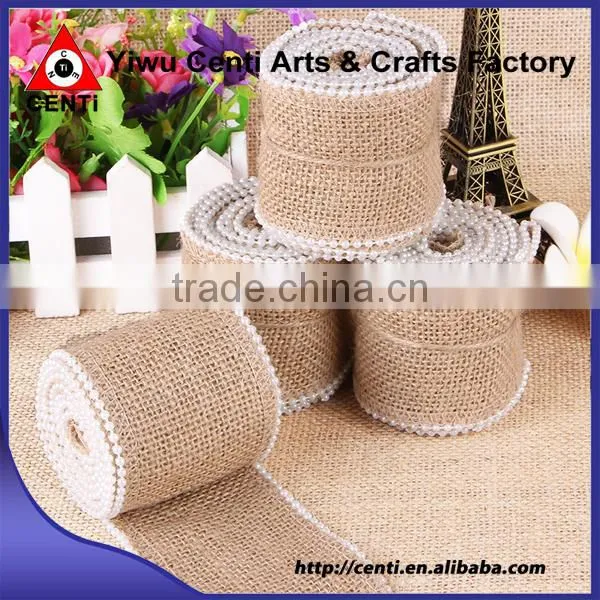 Natural Decorative Jute Hessian Burlap Ribbon With Pearl Wholesale photo-3