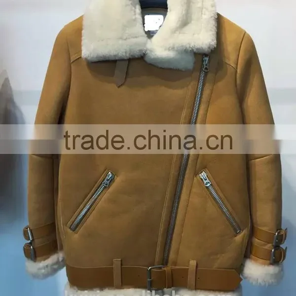 2016 New Fashion Women Winter Sheepskin + Sheep Fur Genuine Leather Jackets Lady Motorcycle Red Black Coat Outerwear Hot Sale photo-4