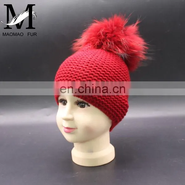 Fashion Kids Winter Knitted Raccoon Fur Pompom 100% Acrylic Knitted Beanie Hat photo-4